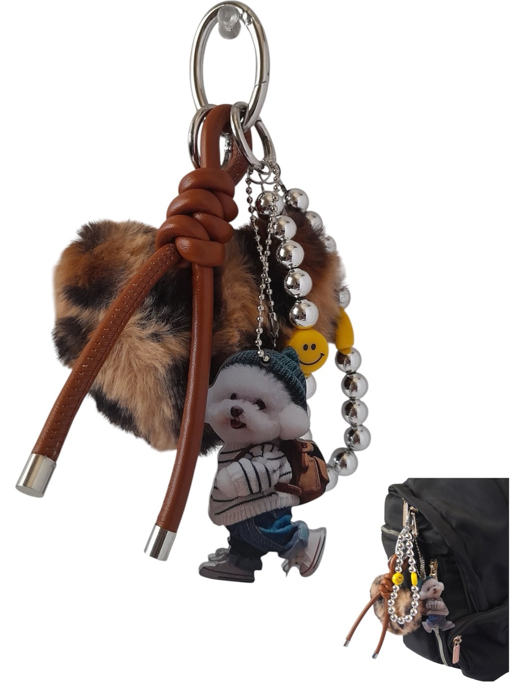 Leopard Faux Fur Heart Pom Pom Bag Charm Leather Knot Tassel Keychain